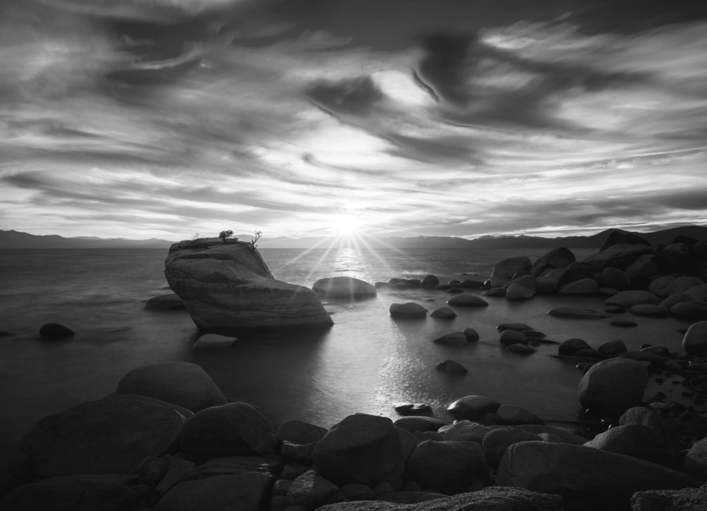 Sunset at Bonsai Rock, Lake Tahoe, Nevada in black white