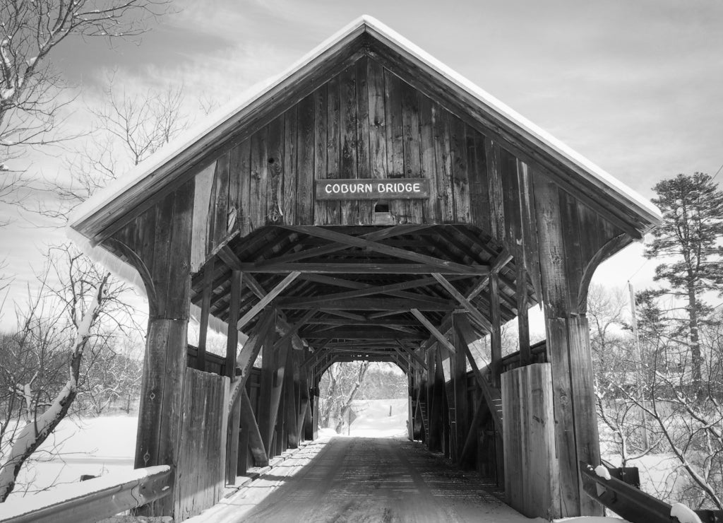 Coburn Covered Bridge, East Montpelier, Vermont in black white