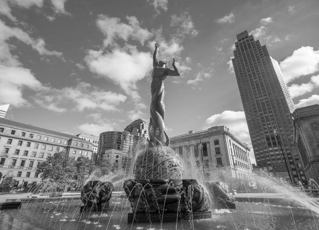 Downtown Cleveland skyline and Fountain of Eternal Life Statue, Ohio in black white