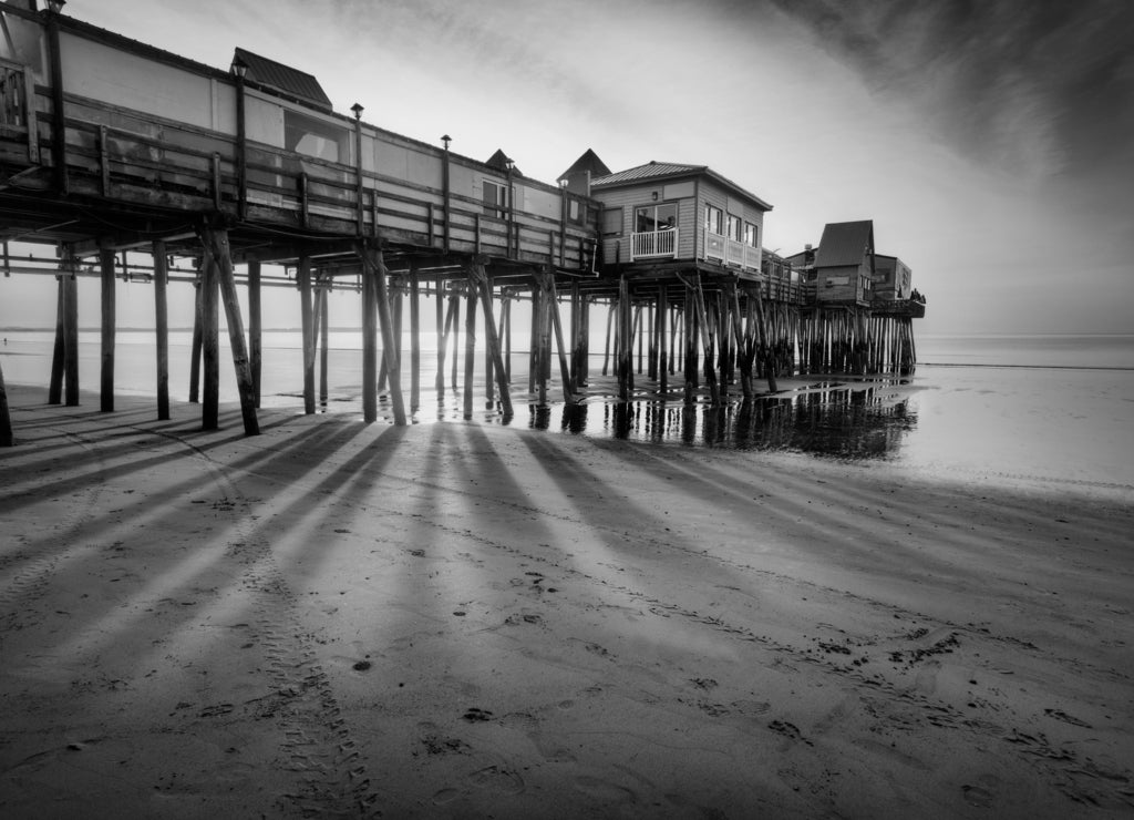 Old Orchard Beach Pier, Saco Maine in black white