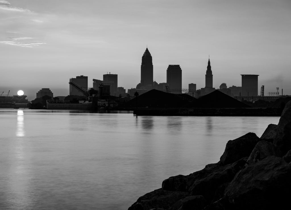 Blue Hour View of Downtown Cleveland, Ohio from Lake Erie in black white