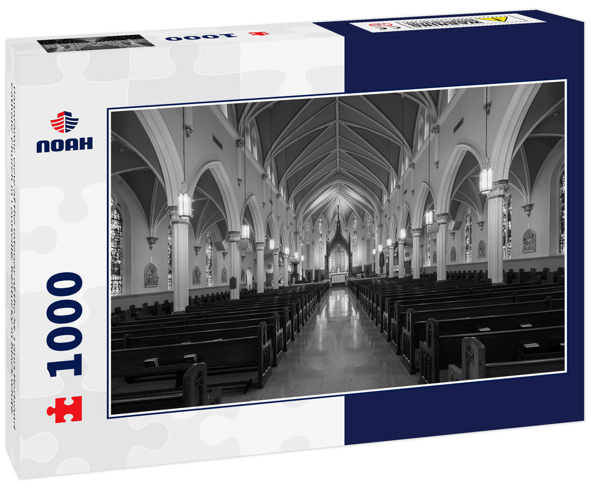 Panoramic view of the interior of the St. Louis Bertrand Catholic Church in Louisville, Kentucky in black white