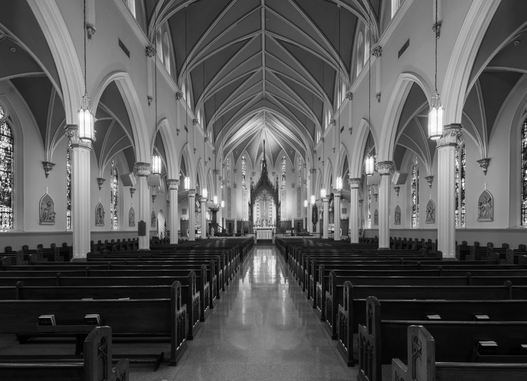 Panoramic view of the interior of the St. Louis Bertrand Catholic Church in Louisville, Kentucky in black white