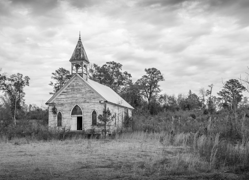 Abandoned Presbyterian Church in the Black Belt of Alabama Historic Presbyterian Church in Sumter County, Coatopa, Alabama. Erected in the late 1800s in black white