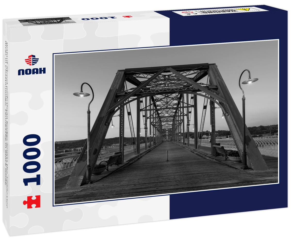 Walnut Street pedestrian bridge across the Tennessee River in Chattanooga, Tennessee in black white