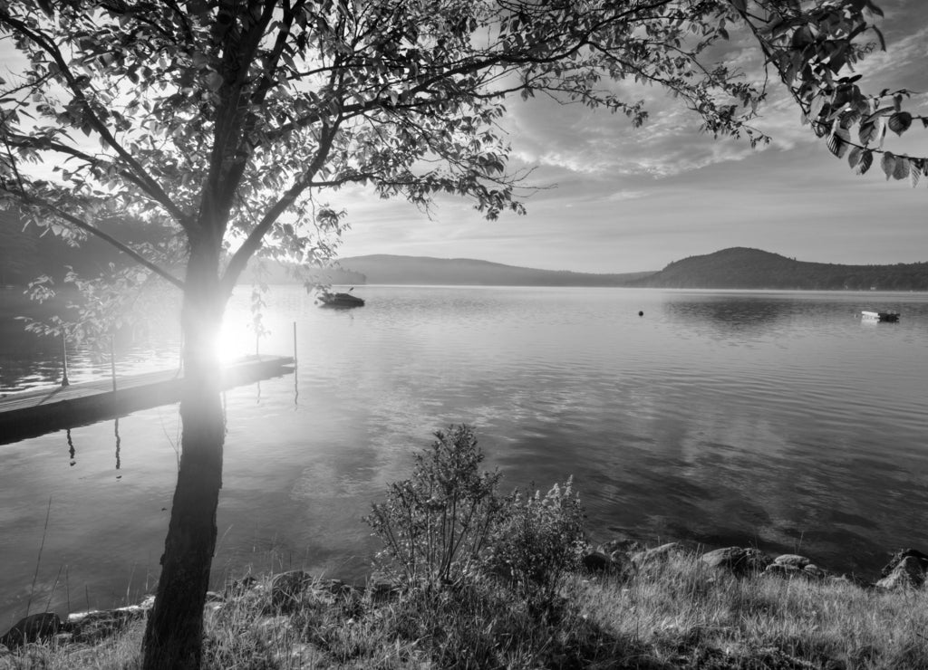 Early morning sun over shore of calm Merrymeeting Lake, New Hampshire in black white