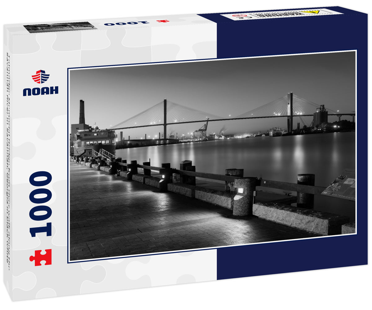 Talmadge Memorial Bridge from river walk along the Savannah River in Savannah, Georgia in black white