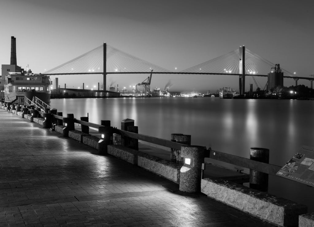 Talmadge Memorial Bridge from river walk along the Savannah River in Savannah, Georgia in black white