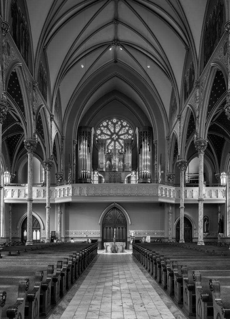 Cathedral of St. John the Baptist in Savannah, Georgia in black white