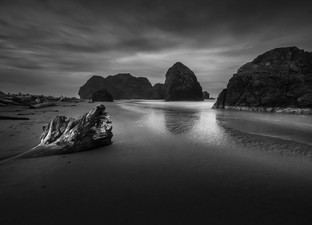 Oregon Coast Beach at night near highway 101 in black white
