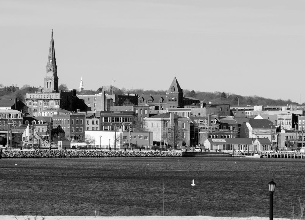 New London waterfront, Connecticut in black white