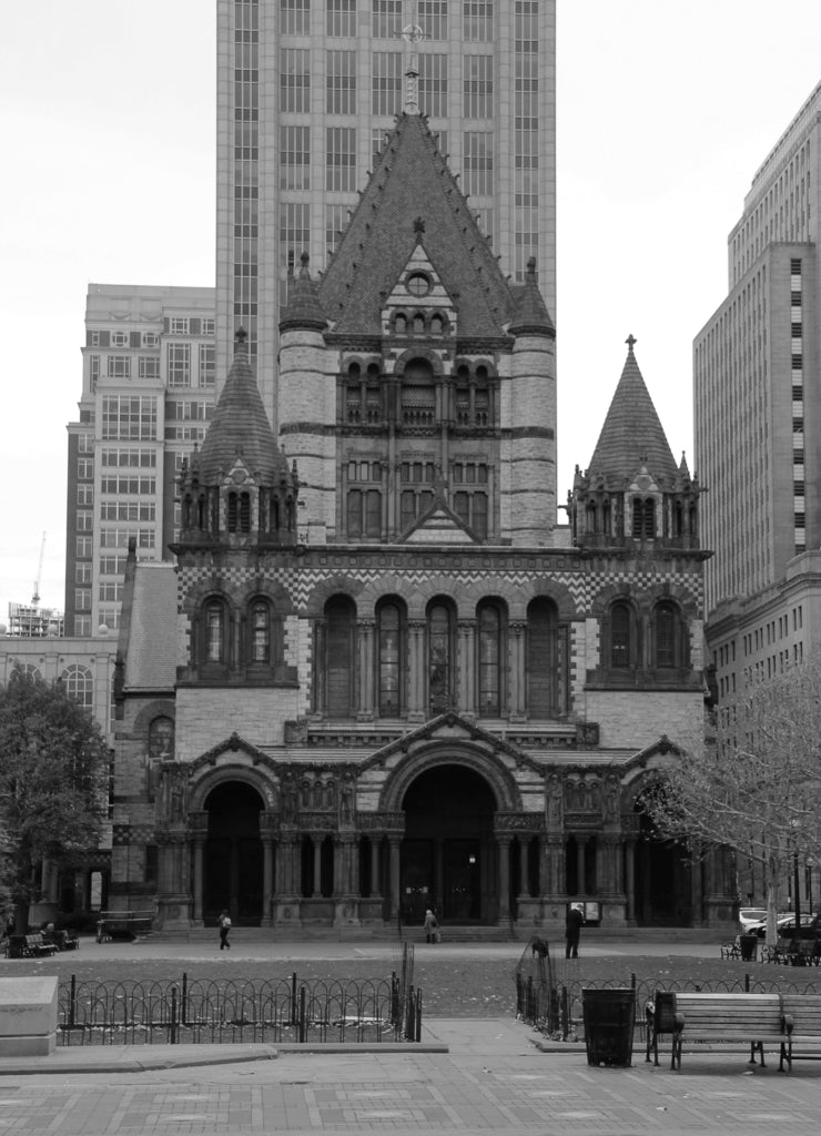 Trinity Church at Copley Square in downtown Boston Massachusetts USA in black white