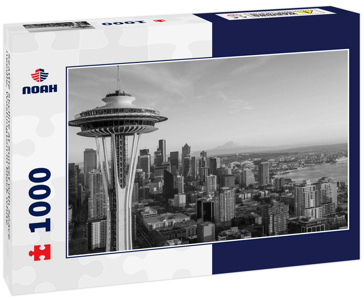 Seattle Skyline at Sunset with Space needle, Washington in black white