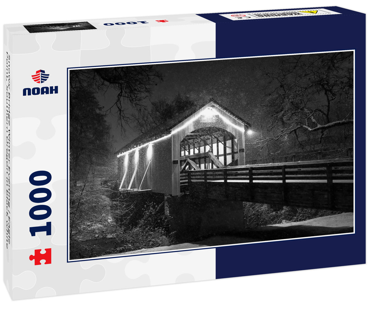 Snowy Bridge Winter Evening | Eagle Point, Southern Oregon in black white