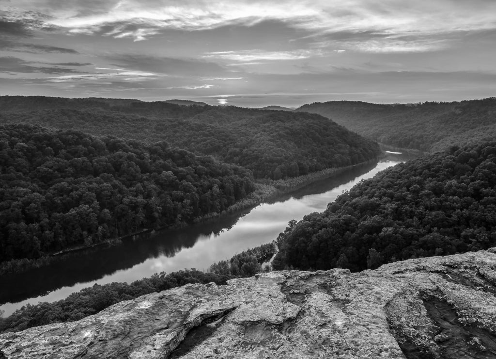 Big South Fork, scenic sunset, Tennessee in black white