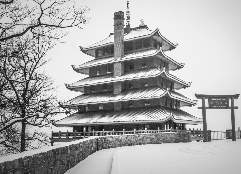 Reading, Pennsylvania Pagoda in snowstorm in black white