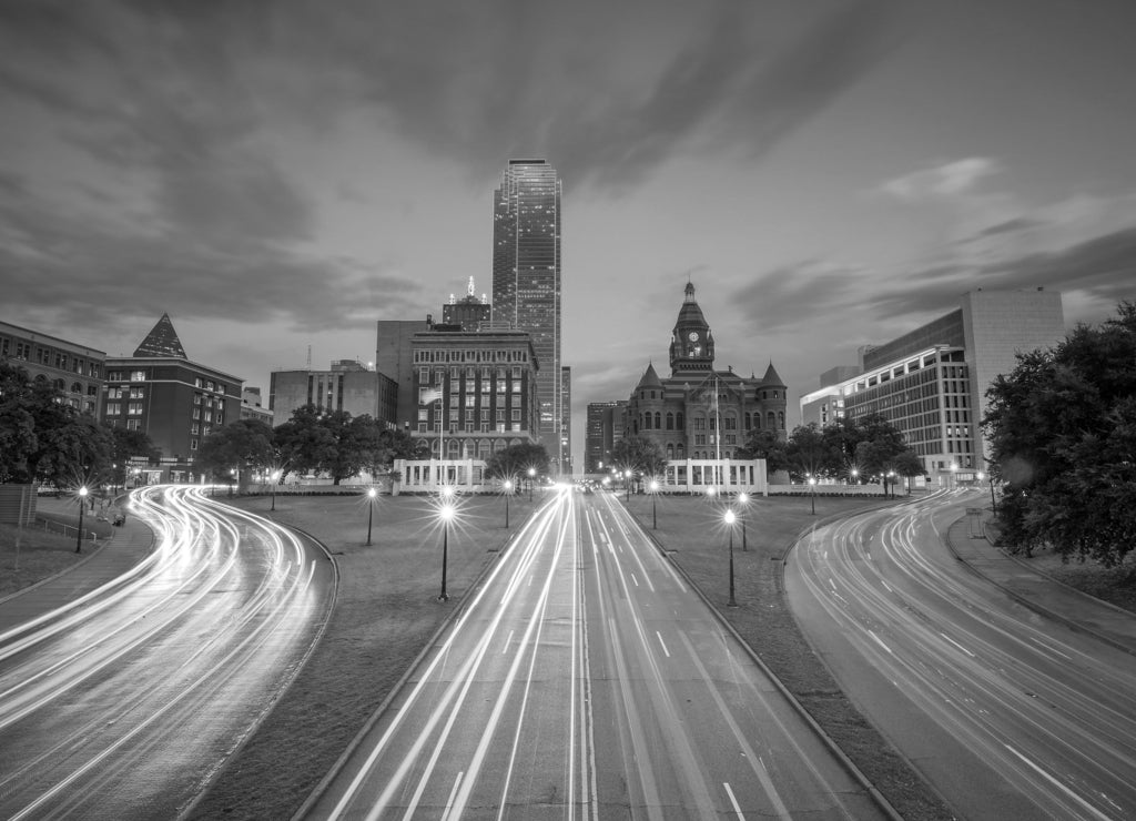 Dallas downtown skyline at twilight, Texas in black white