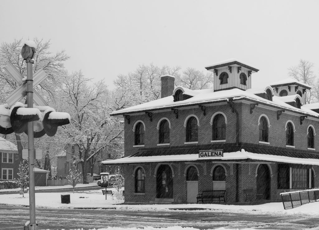 Historic Galena Illinois Train Depot in Snow in black white