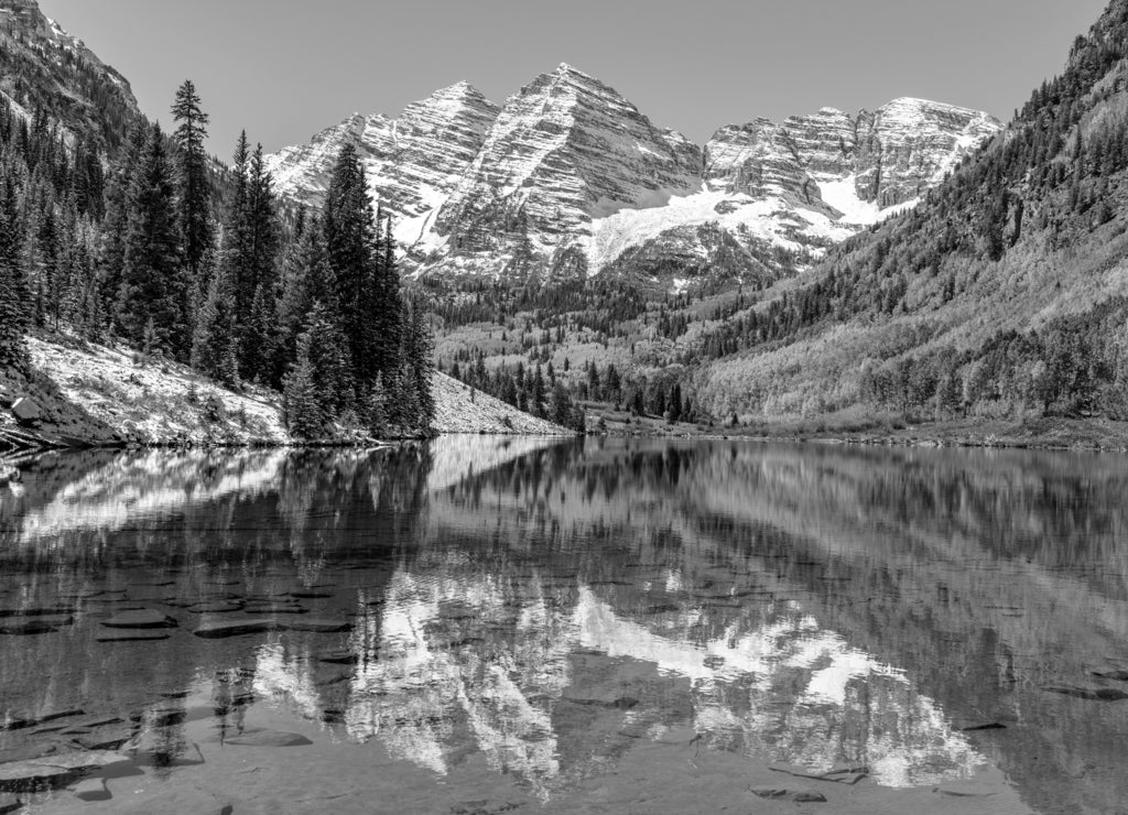 Maroon Bells and Maroon Lake, Aspen, Colorado in black white