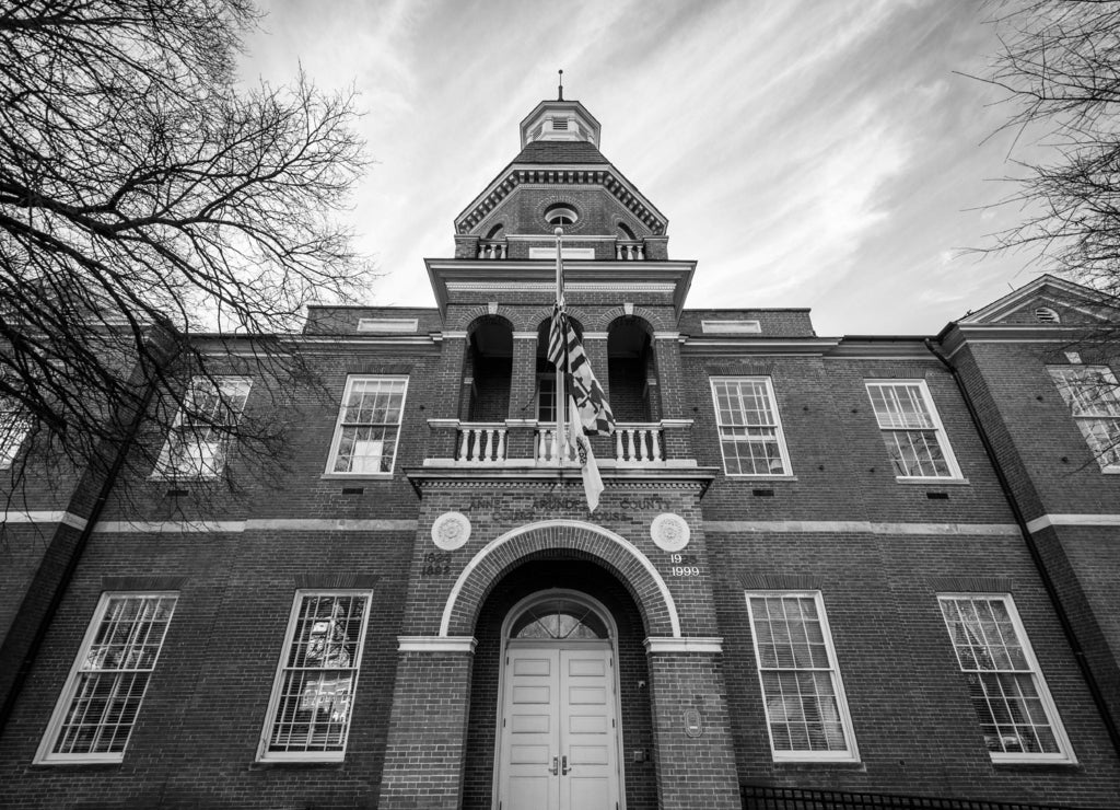 The Anne Arundel County Court House, in Annapolis, Maryland in black white