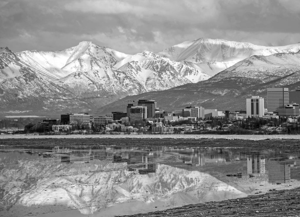 Anchorage Skyline, Alaska in black white