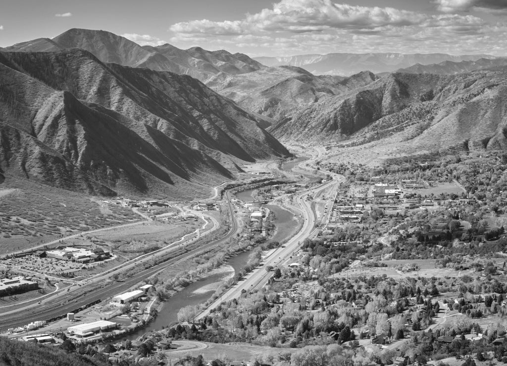 Aerial picture of Glenwood Springs valley in autumn, Colorado, USA in black white