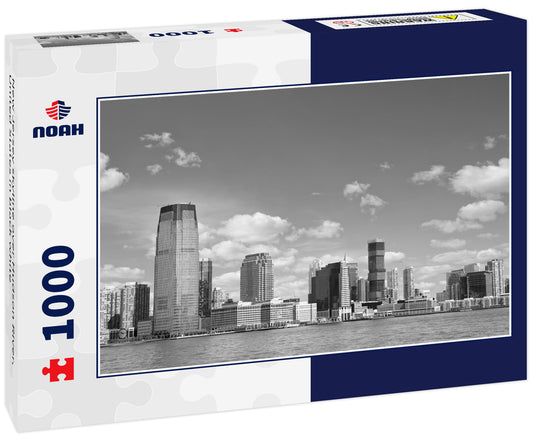 New Jersey skyline over Hudson River, United States in black white