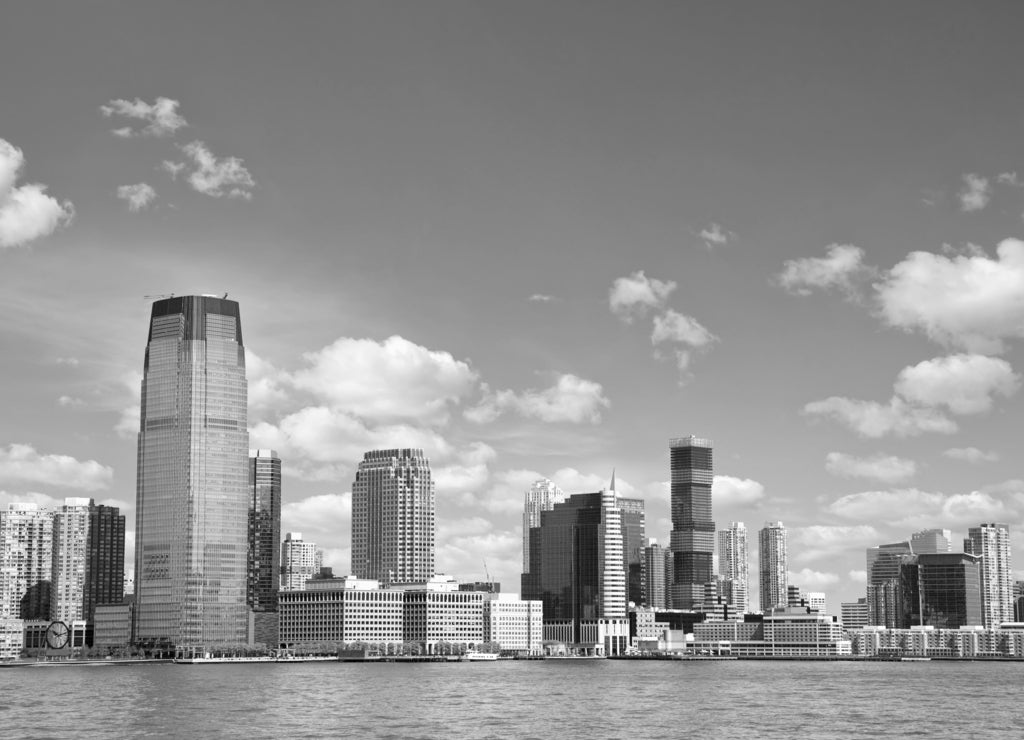 New Jersey skyline over Hudson River, United States in black white