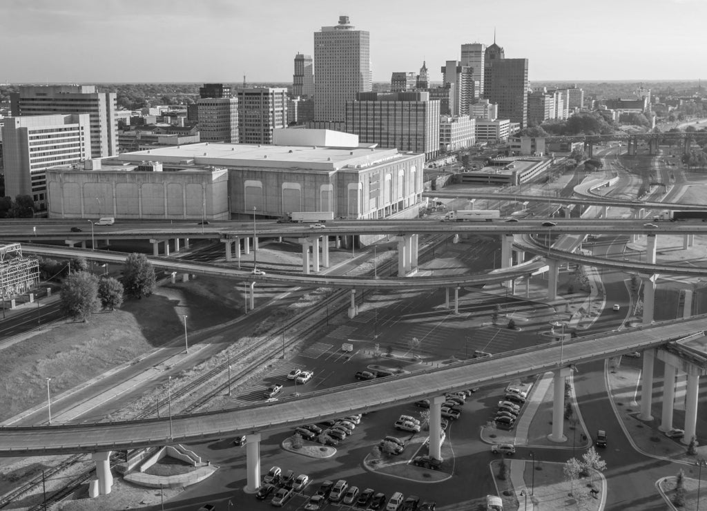 Aerial view of downtown Memphis, Tennessee in black white