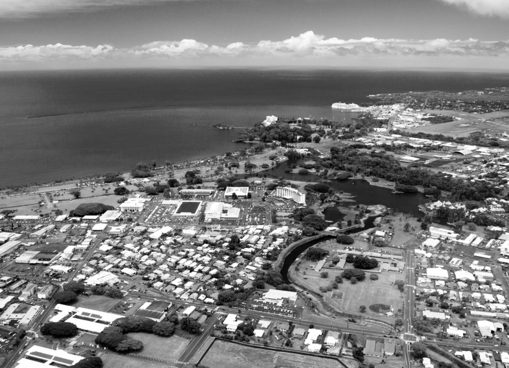 Hilo, Big Island, Hawaii in black white