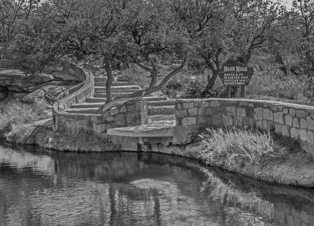 Steps Leading to the Blue Hole near Route 66, New Mexico in black white