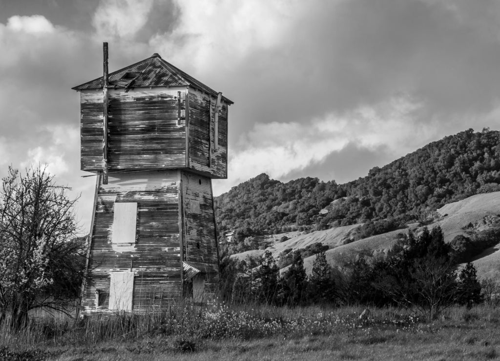 Old Watertower in Sonoma County, California in black white