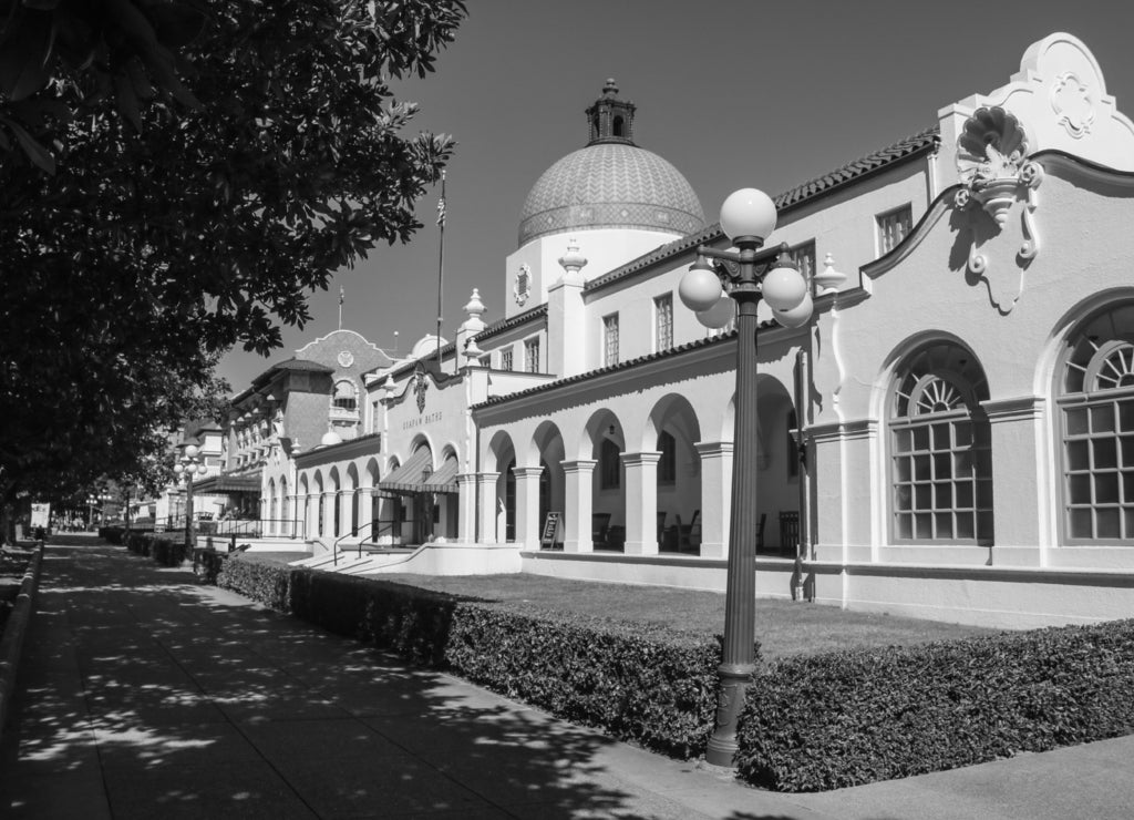 Bathhouse Row in Hot Springs National Park, Arkansas in black white