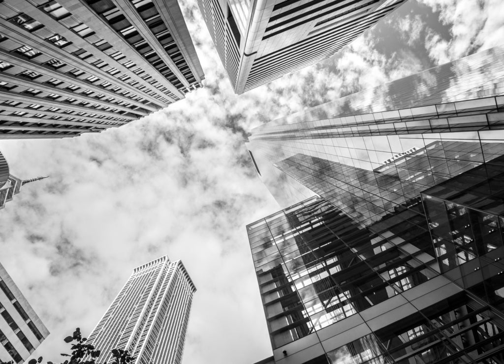 Buildings in the Center City of Philadelphia, Pennsylvania in black white