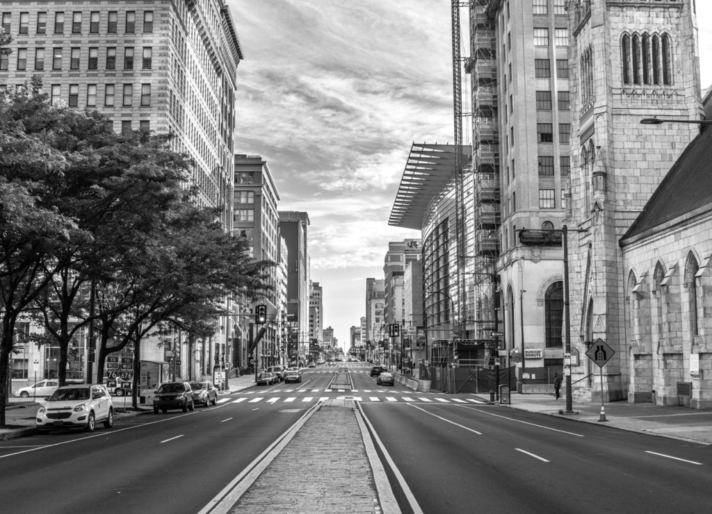 Buildings in the Center City of Philadelphia, Pennsylvania in black white