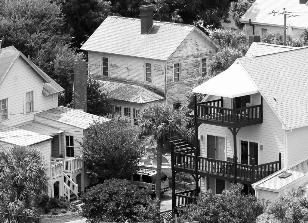 A view of the residential houses in Tybee Island from the lighthouse, Georgia in black white