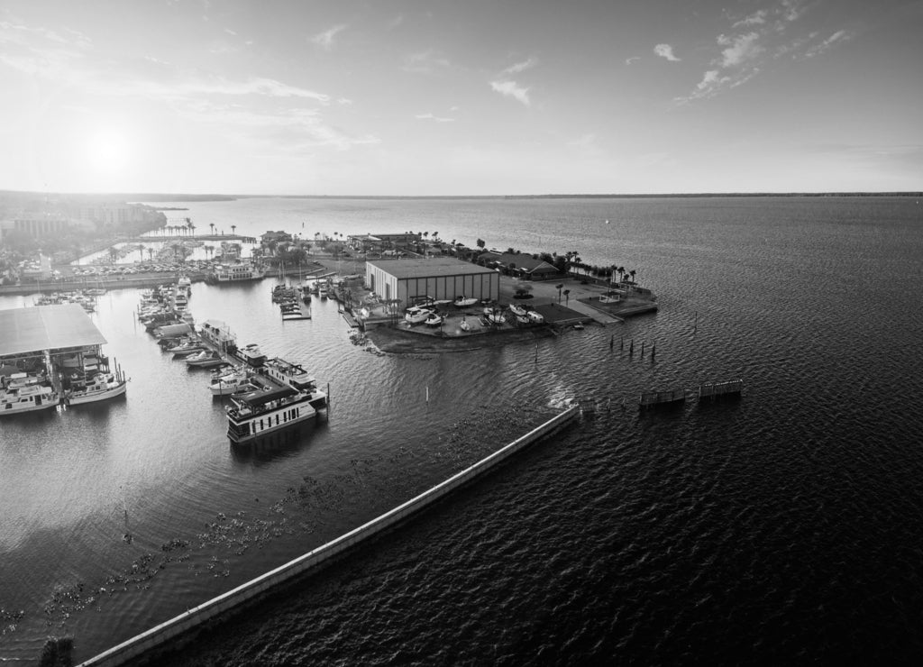 Aerial view of Lake Monroe in Sanford Florida in black white