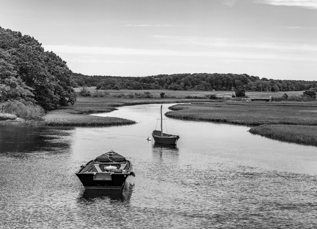 Boats on Herring River, Cape Cod in black white