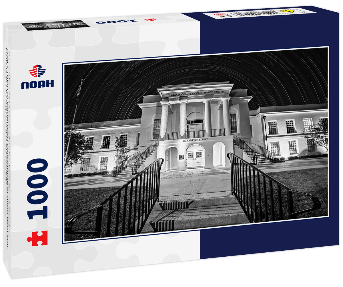 November 2016 town of Walterboro South Carolina USA - Town of walterboro courthouse at night with star trails in the background in black white