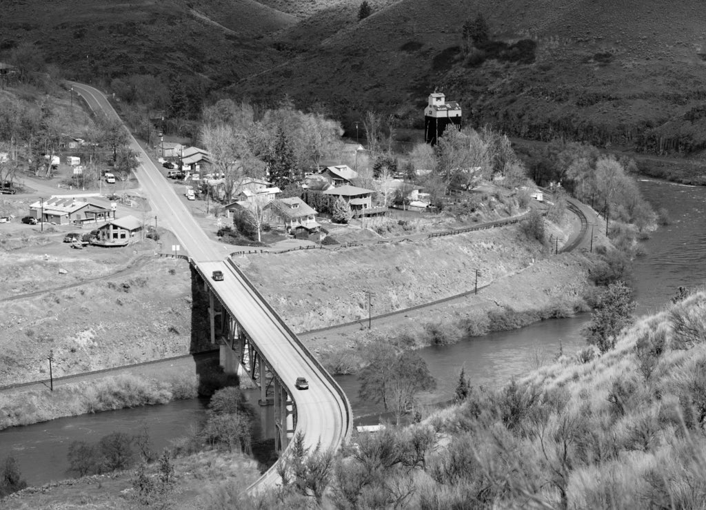 Maupin Oregon Downtown Aerial View Deschutes River Highway 197 in black white