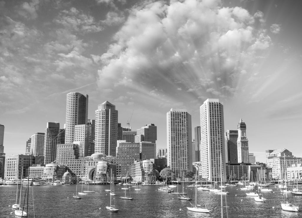 Skyline of Boston at dusk, Massachusetts in black white