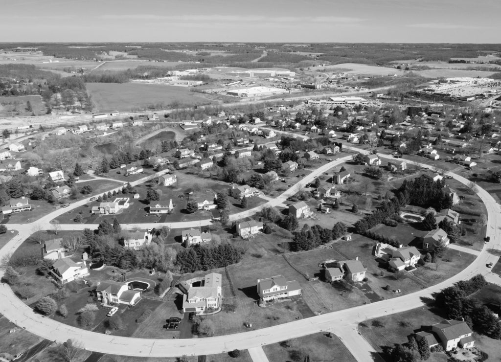 Aerial view of suburban housing developments in Shrewsbury, Pennsylvania in black white