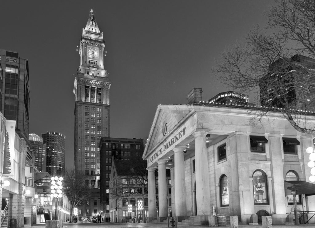The Quincy Market at Night, Massachusetts in black white