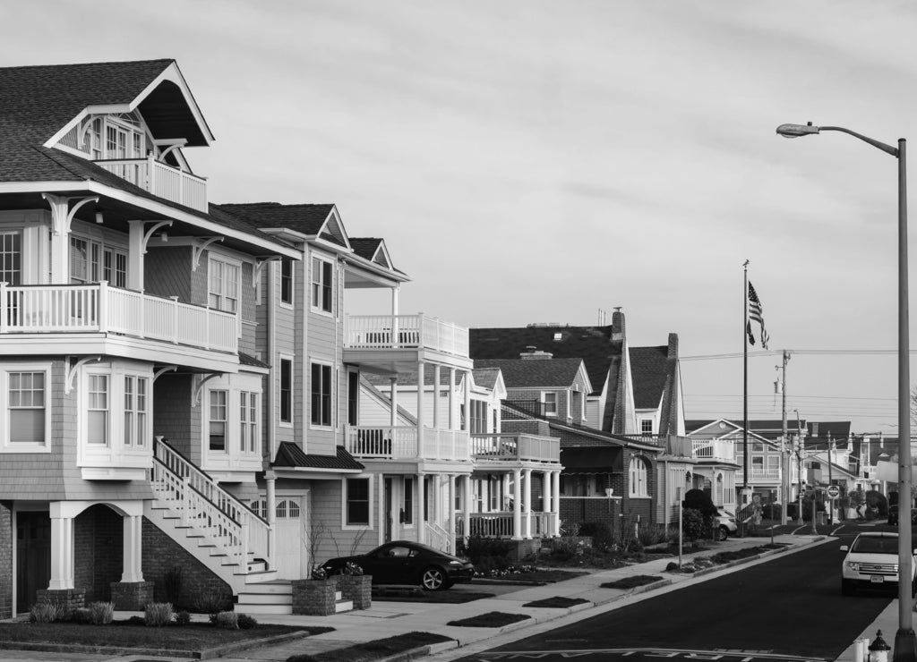 Houses along Cambridge Avenue in Ventnor City, New Jersey in black white