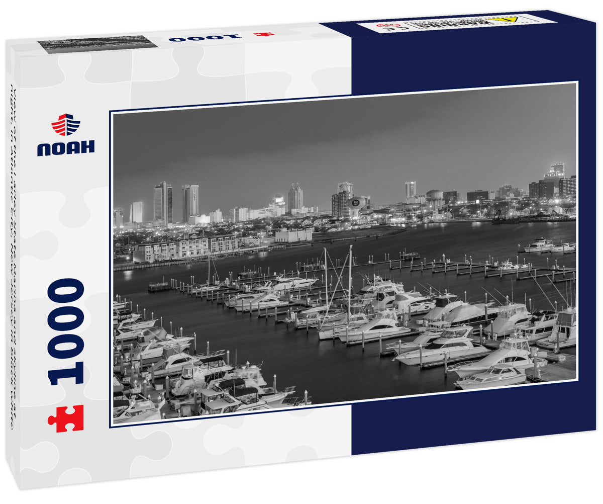 View of the Farley State Marina and skyline at night, in Atlantic City, New Jersey in black white