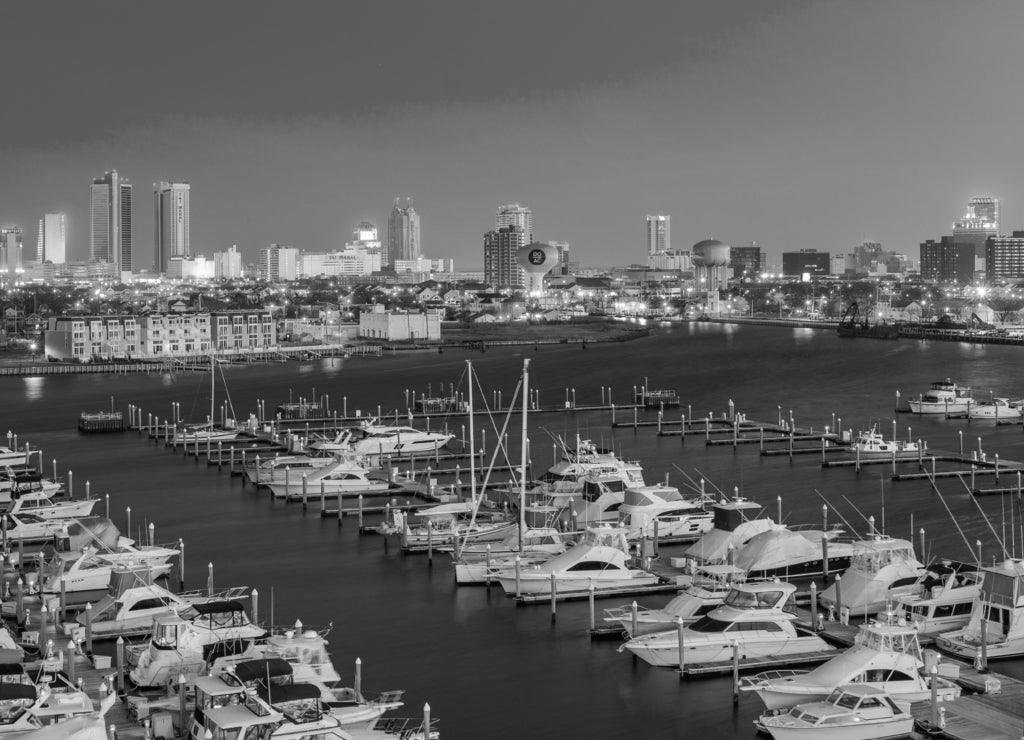 View of the Farley State Marina and skyline at night, in Atlantic City, New Jersey in black white