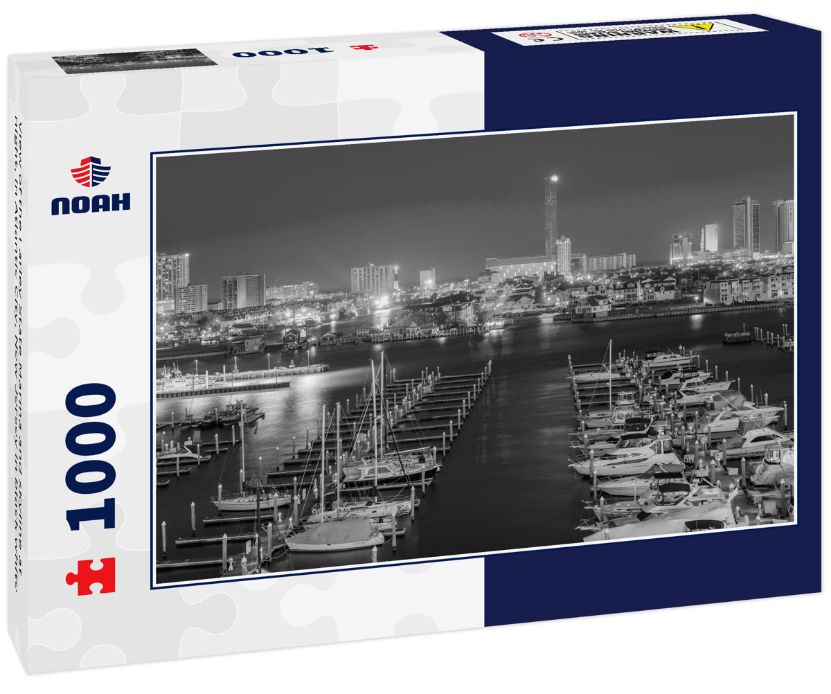 View of the Farley State Marina and skyline at night, in Atlantic City, New Jersey in black white