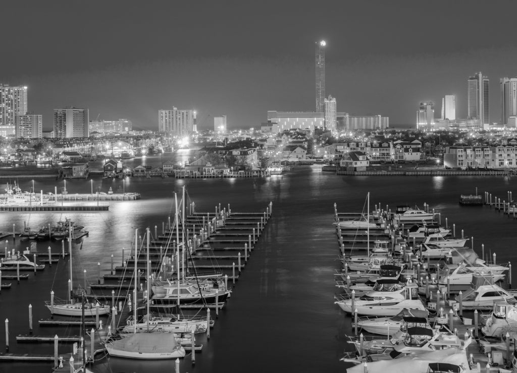 View of the Farley State Marina and skyline at night, in Atlantic City, New Jersey in black white