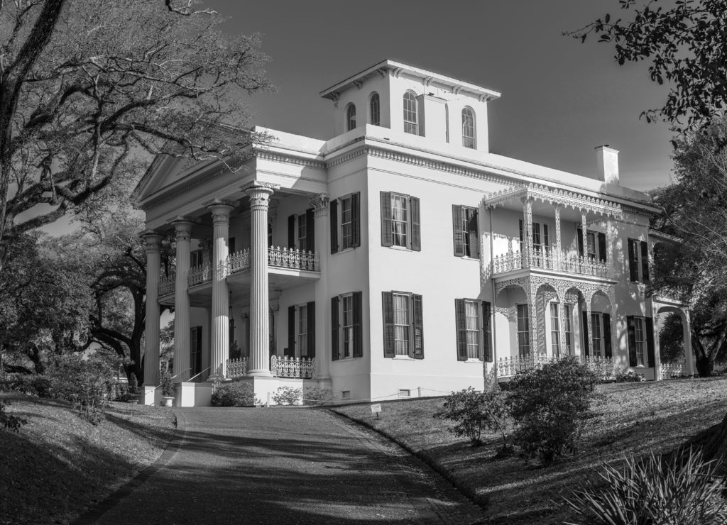 stanton hall mansion, natchez, Mississippi in black white