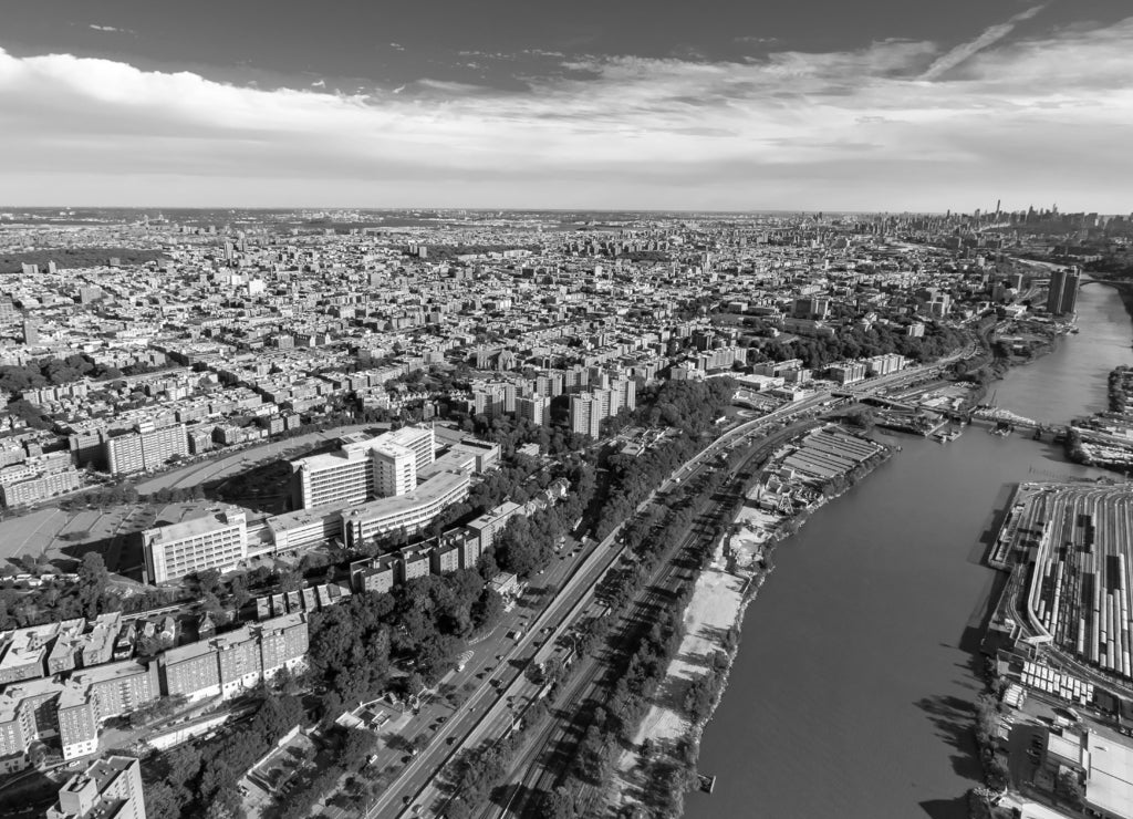 Aerial view of the Bronx, New York in black white